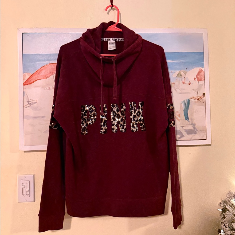 Pink Maroon Cowl Neck sweater with Leopard Print logo